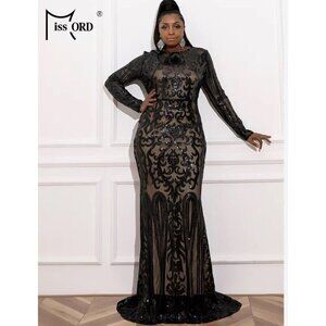 Black Sequin Evng Dress Fits Sz L‎ Floor length Miss Ord Fairy Goth Elegant Nude